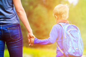mom with boy, child going to school, nature, back to school