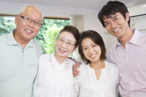 happy Asian couple with parents, couple with in-laws, happy couple learned how to deal with in-law conflict